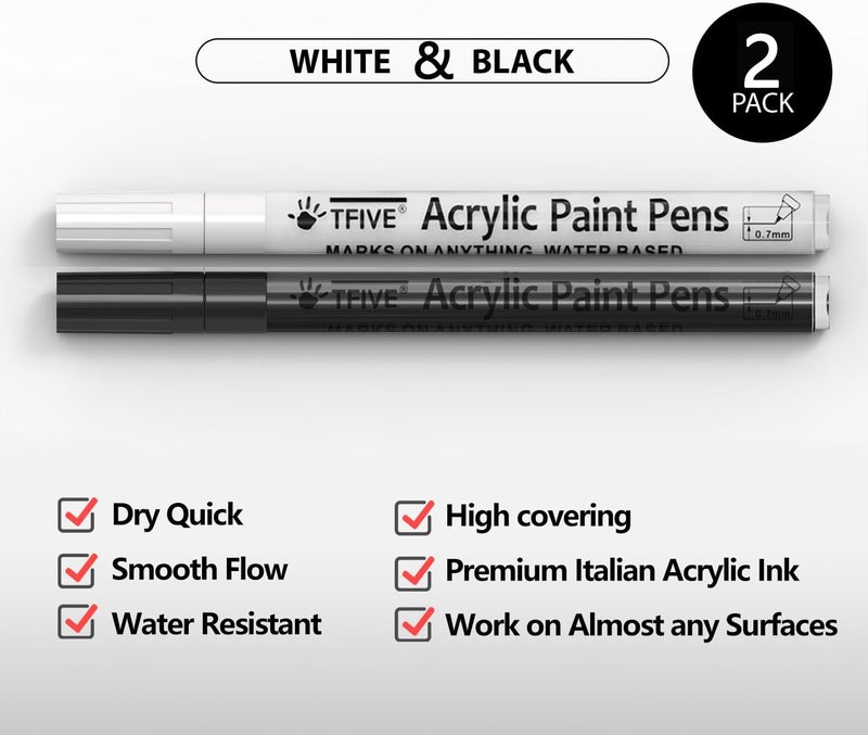 TFIVE White&Black Paint Marker Pens - 2 Pack Acrylic Permanent Marker, 0.7mm Extra Fine Tip Paint Pen for Art Projects, Drawing, Rock Painting, Ceramic, Glass, Wood, Plastic, Metal, Canvas DIY Crafts - Image 2